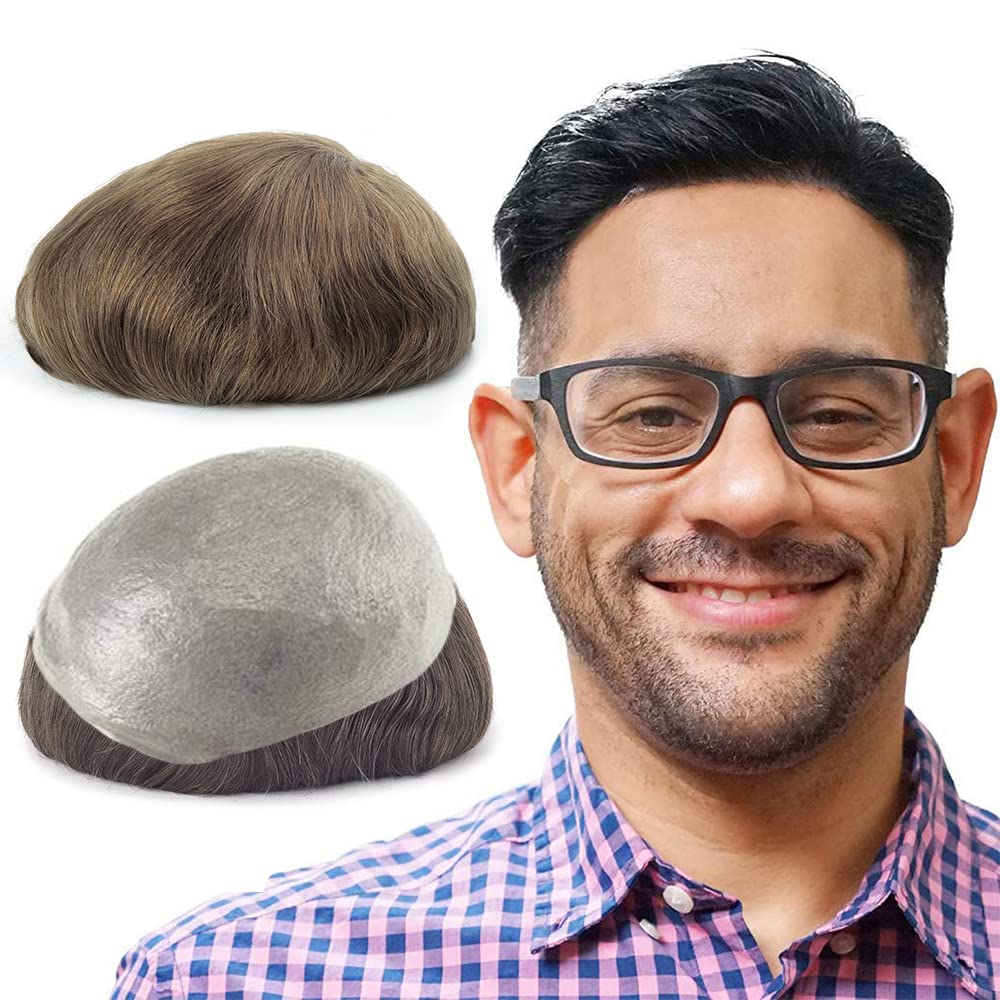 Lordhair Toupee for Men with 100% European human hair 8x10 inch Hairpiece for Men 0.06mm Super Thin Skin Hairsystem All V-looped Mens Toupee (Light Brown 7#) — image 1