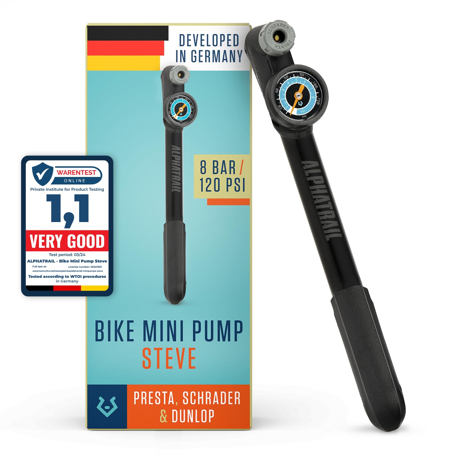 Alphatrail Mini Bike Pump Steve - For all Valves 120 PSI / 8.3 Bar maximum Pressure I Large Gauge (1.5") I Ergonomic T-Handle I Bike pump for Presta, Schrader & Dunlop Valve