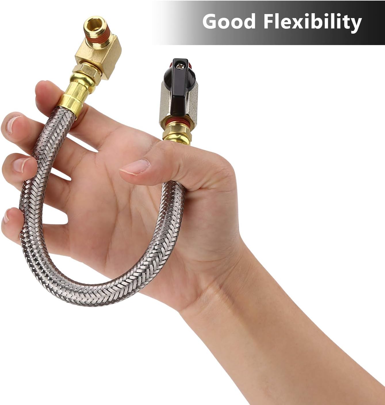 HK Extended Tank Drain Valve Assembly, 10 Inch Flexible Braided Steel Tube Air Compressor Tank Drain Hose 1/4 inch NPT, 90 Degree Brass Elbow Shut-Off Ball Valve, Pipe Fitting and Thread Seal Tape - - 