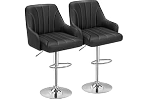 VECELO Bar Stools Set of 2, Adjustable Barstools, Counter Height Stools with Back and Arm, Kitchen Island Stools, Swivel PU Chairs for Pub, Dining Room, Modern Style, Black