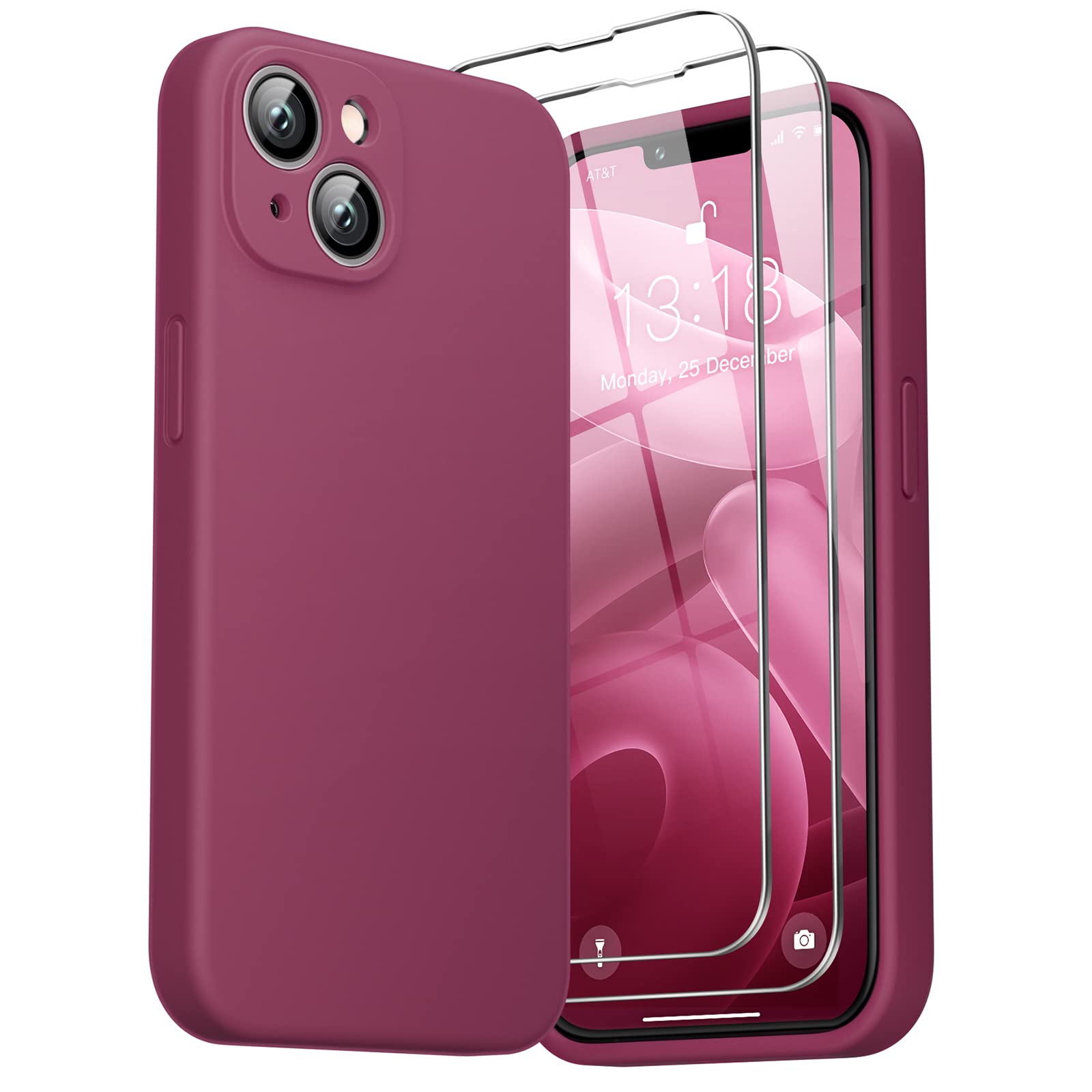GOODVISH 3 in 1 Designed for iPhone 14 Plus Case (6.7") Liquid Silicone 2022, with 2 Pack Screen Protector, Shookproof, Anti-Scratch Gel Rubber Slim Phone Cover [360° Full Protection], Wine Red