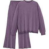 AmazingStar Womens Lounge Set 2025 Fall 2 Piece Outfits Long Sleeve Tops Wide Leg Long Pants Cozy Matching Sets Clothing