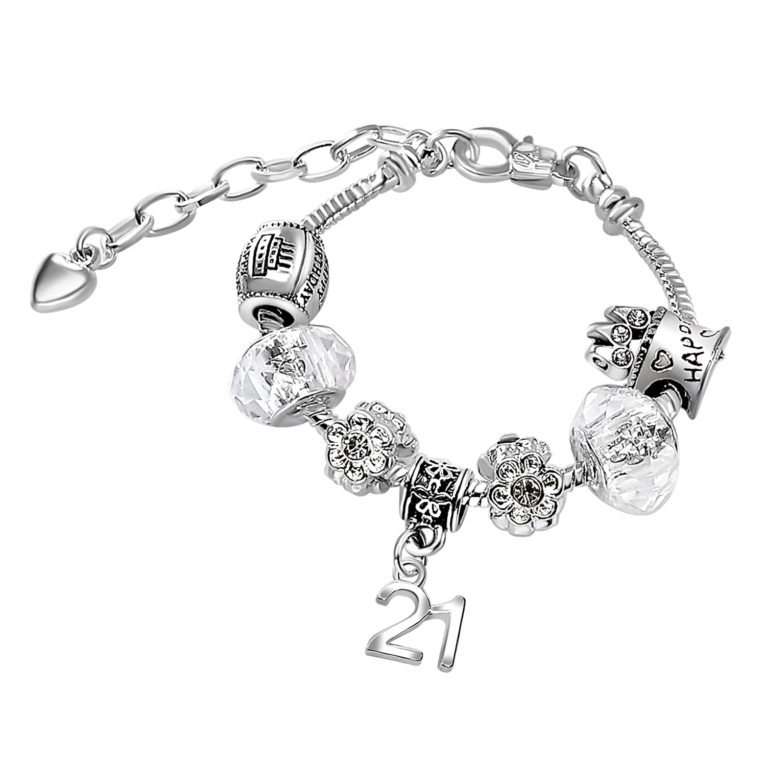 Sparkly Crystal Birthday Charm Bracelet with Silver Gift Box for Women Girls Age 16th 18th 21st 30th 40th 50th 60th 70th 80th