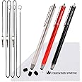The Friendly Swede Stylus Pen for Touchscreen — 3-Pack 5.5" High Precision Stylus Pen with Replaceable Thin Tips, Elastic Lanyards & Screen Cleaning Cloth - Red/Black/Silver