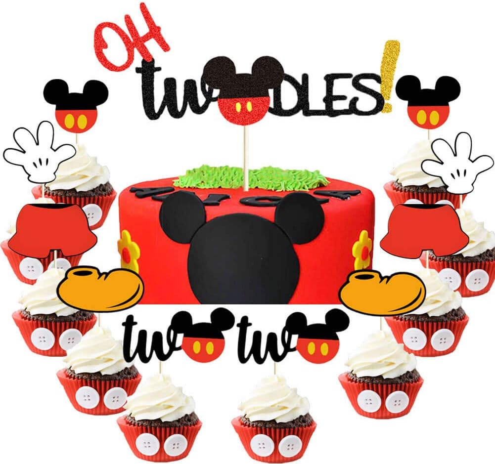 Amazon Com Oh Twodles Cake Topper Mickey Inspired Second Birthday Cupcake Toppers Mouse 2nd Birthday Party Cake Supplies Decorations For Baby Boys Toys Games