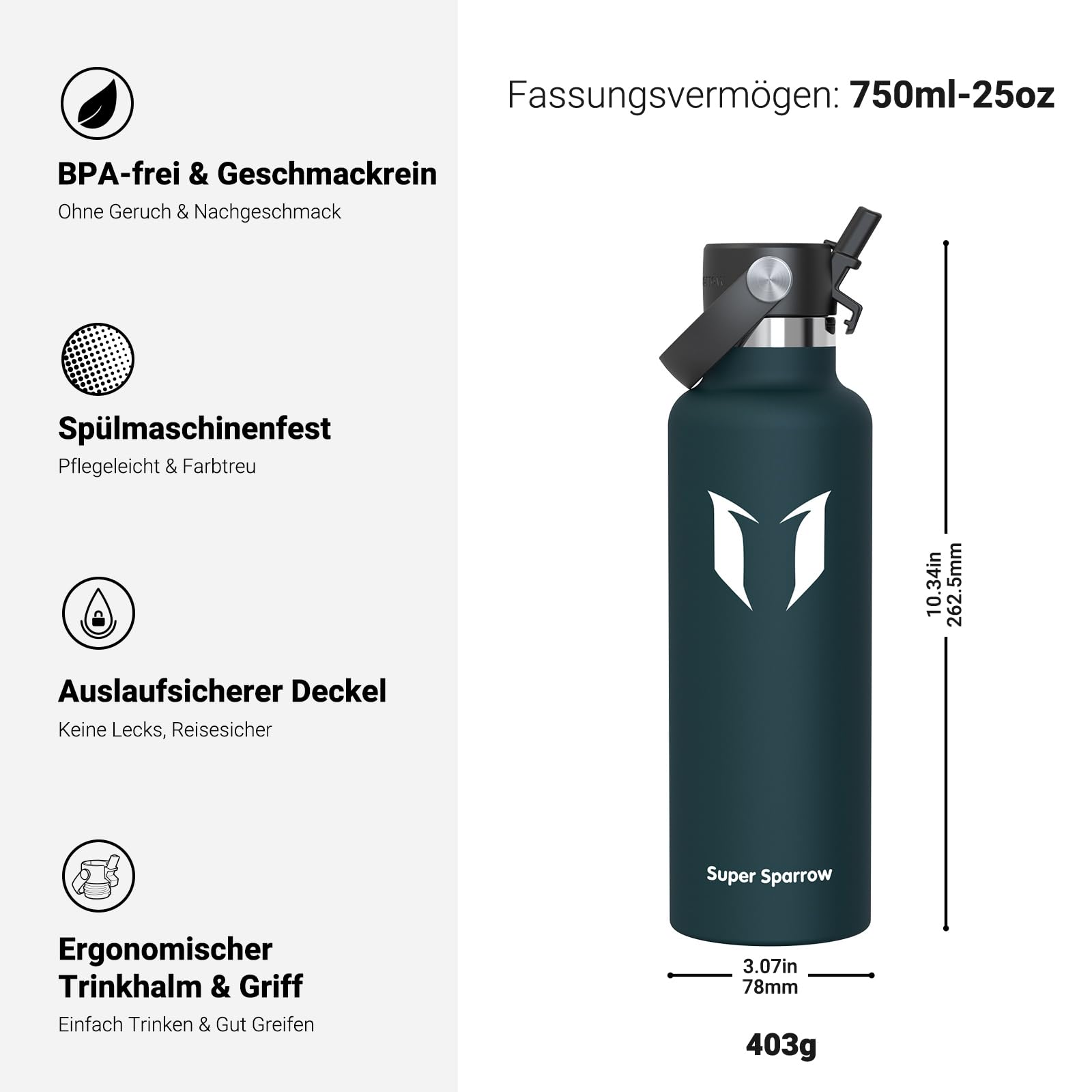 Super Sparrow Trinkflasche Edelstahl - Ultraleicht Thermobecher - 750ml - Standardmund Stroh-Deckel - BPA-Frei Thermoskanne, Thermosflasche für Sport, Travel, Schule, Outdoor 3