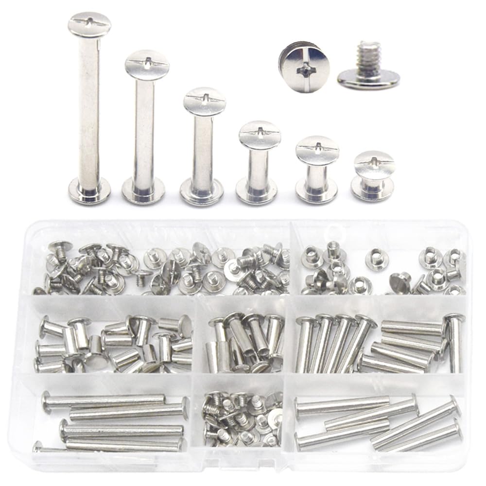 Hocansen 140 Pcs/70 Set Chicago Screws for Leather M5x5/10/15/25/35/45mm Flat Head Screw Rivets Binding Screw Metal Studs Rivet for Craft (ZBD/Silver)