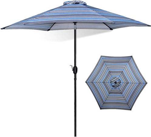 Amazon Com Fruiteam Patio Umbrella 7 1 2 Ft Round Outdoor Market Patio Umbrella Table Umbrella With Push Button Tilt And Crank Sturdy Steel Pole Upf50 Blue Striped Awning Garden Outdoor