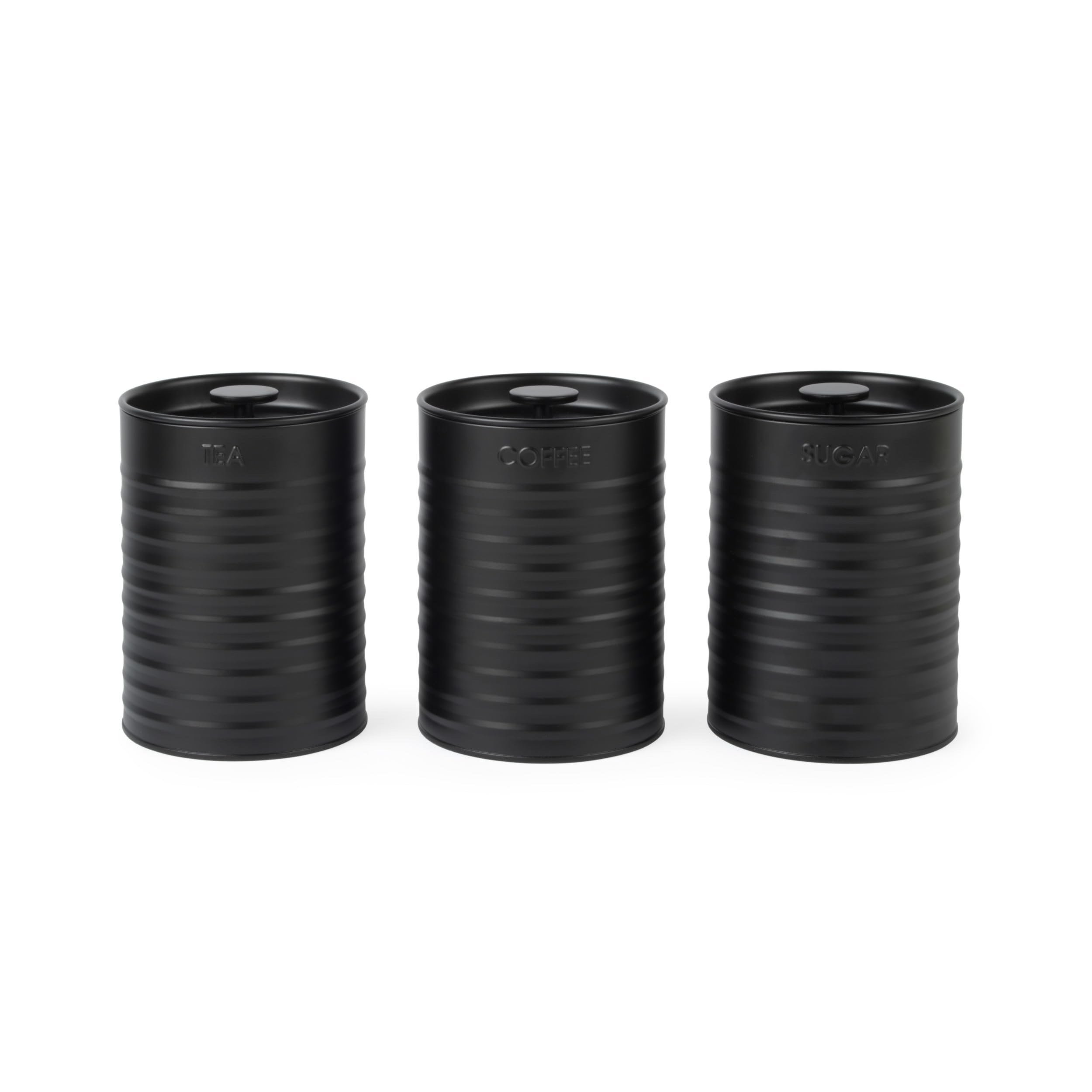 Russell Hobbs Ribbed 3-Piece Canister Set – Set of 3 Kitchen Storage Canisters for Tea, Coffee and Sugar, Durable Powder-Coated Steel, Pull Top Lids, Easy to Clean, Ribbed Design, Black