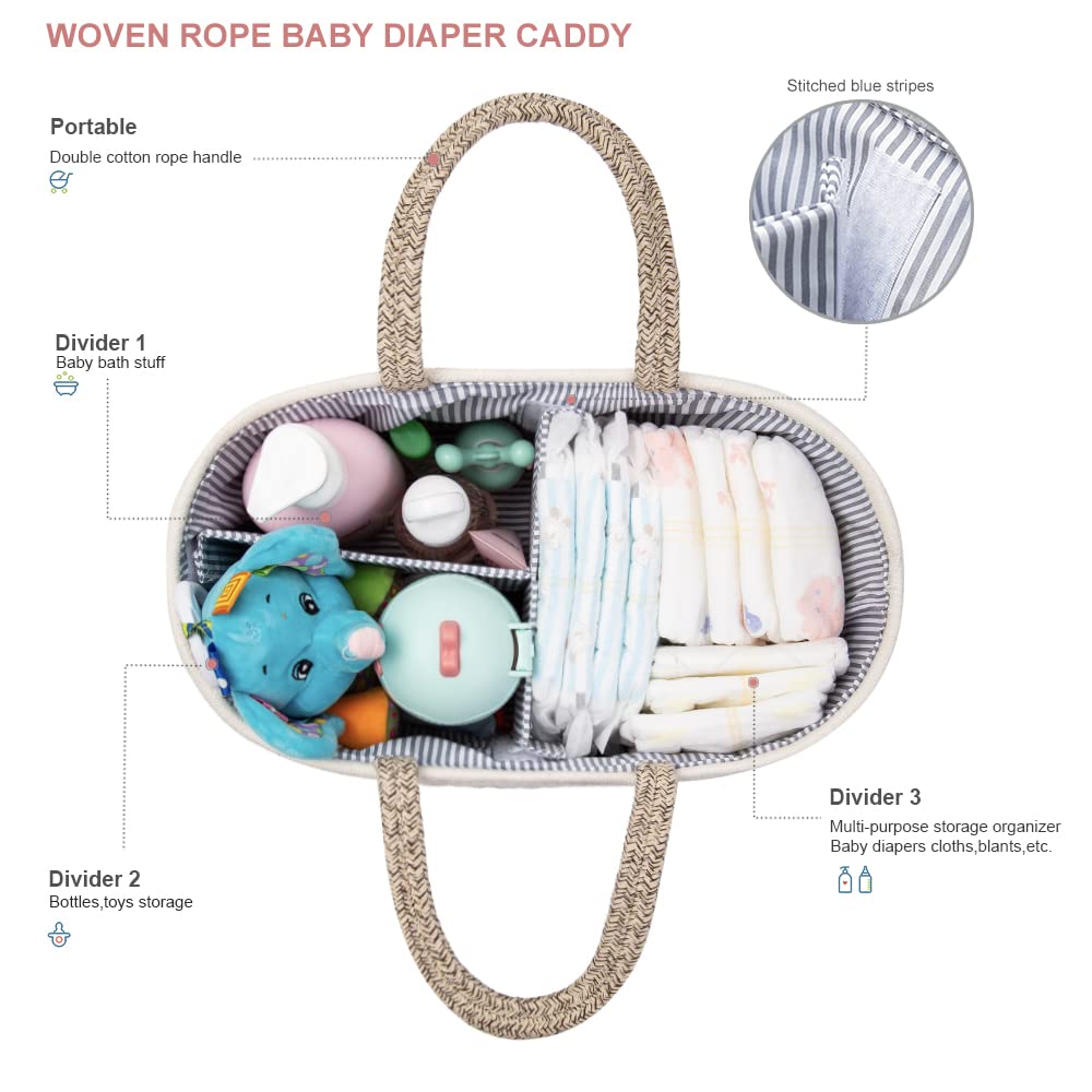 Baby Diaper Caddy Organizer, Portable Nursery Storage Basket with Changeable Compartments, 100% Cotton Woven Rope Baskets, Car & Changing Table Tote, Newborn Gift