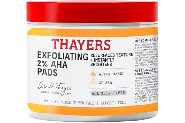 Thayers 2% AHA Face Toner Pads, With Witch Hazel, Glycolic And Lactic Acid, No Alcohol, Glass Skin, Smoothing, Pore Refining,