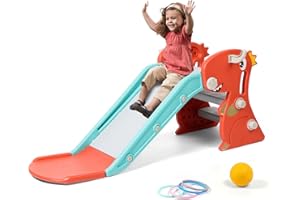 BFAZKXY Indoor Slide for Toddlers 1-3, Foldable Kids Baby Toddler Slide Indoor Playset, Kids Slide Indoor and Outdoor Playground, Toddler Climber Playset with Basketball Hoop and Ring Toss(Red)