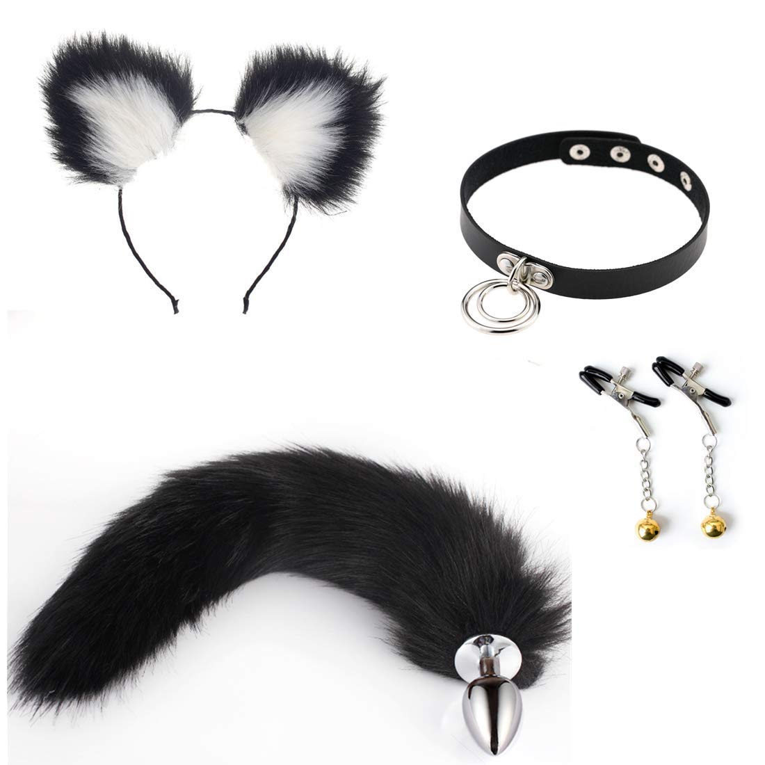 Women's Collar Chocker Fluffy Fur Tail Costume Cosplay B-ütt Pl-ùg T-ö-ys (Black,L)
