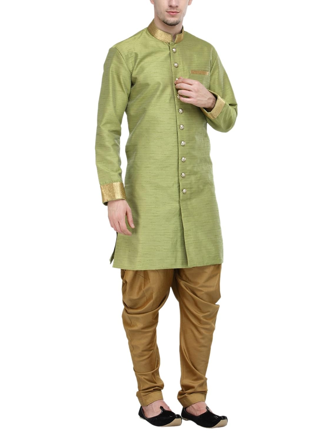 rg designers parrot green and gold plain sherwani for men