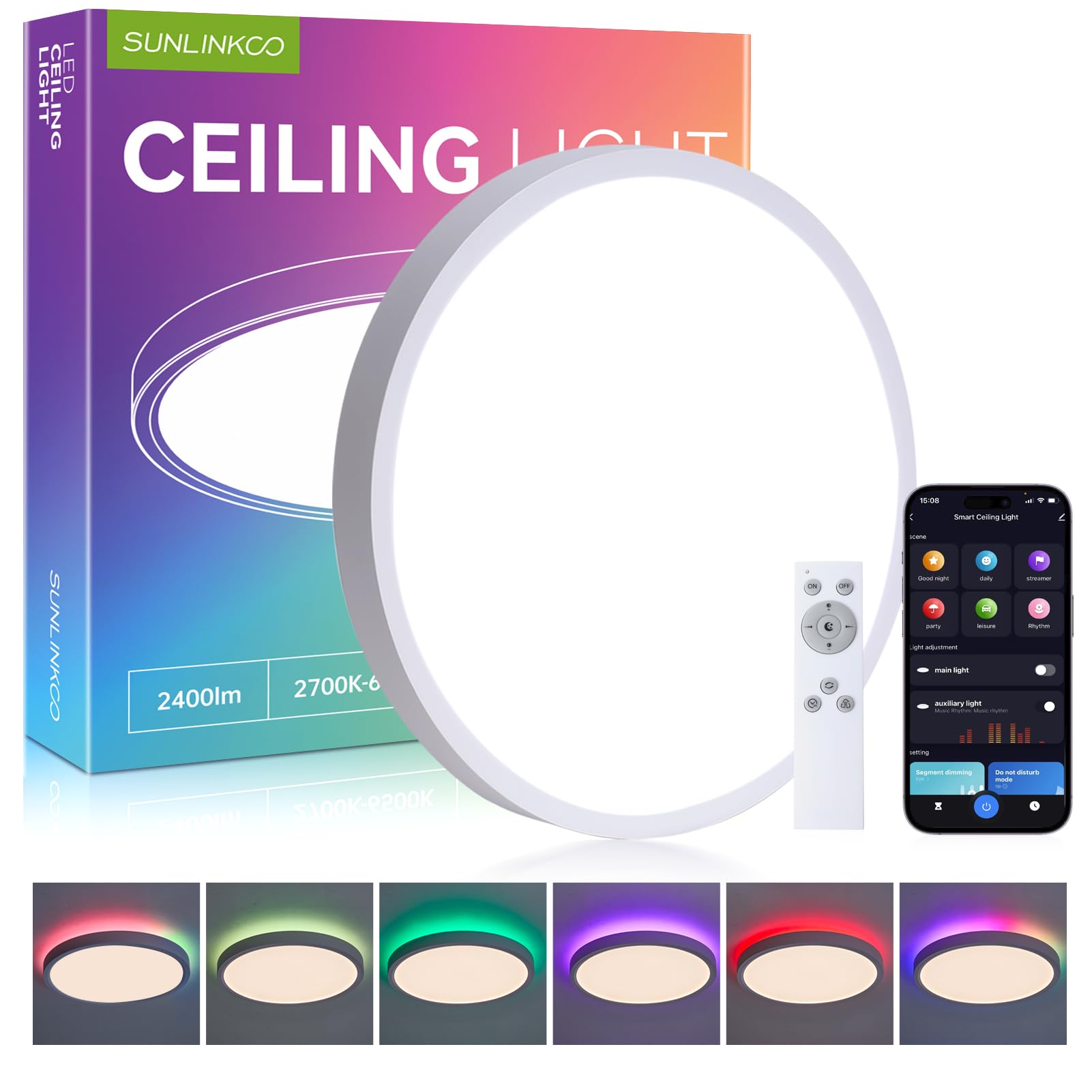Photo 1 of 12 Inch Flush Mount Ceiling Light, Smart RGB+IC LED 2400LM Dimmable Ceiling Lamp with APP & Remote Control, 2700K-6500K Color Changeable Light for Bedroom Living Room, Works with Alexa & Google Home