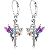 Hummingbird Earrings for Women Sterling Silver Purple Hummingbird Gifts for Women Memorial 925 Sterling Silver Bird Flower Jewelry Mothers Day Gifts