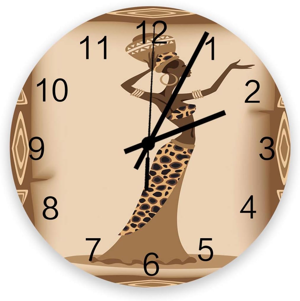 12 Inch Silent Round Wooden Wall Clock African Women with