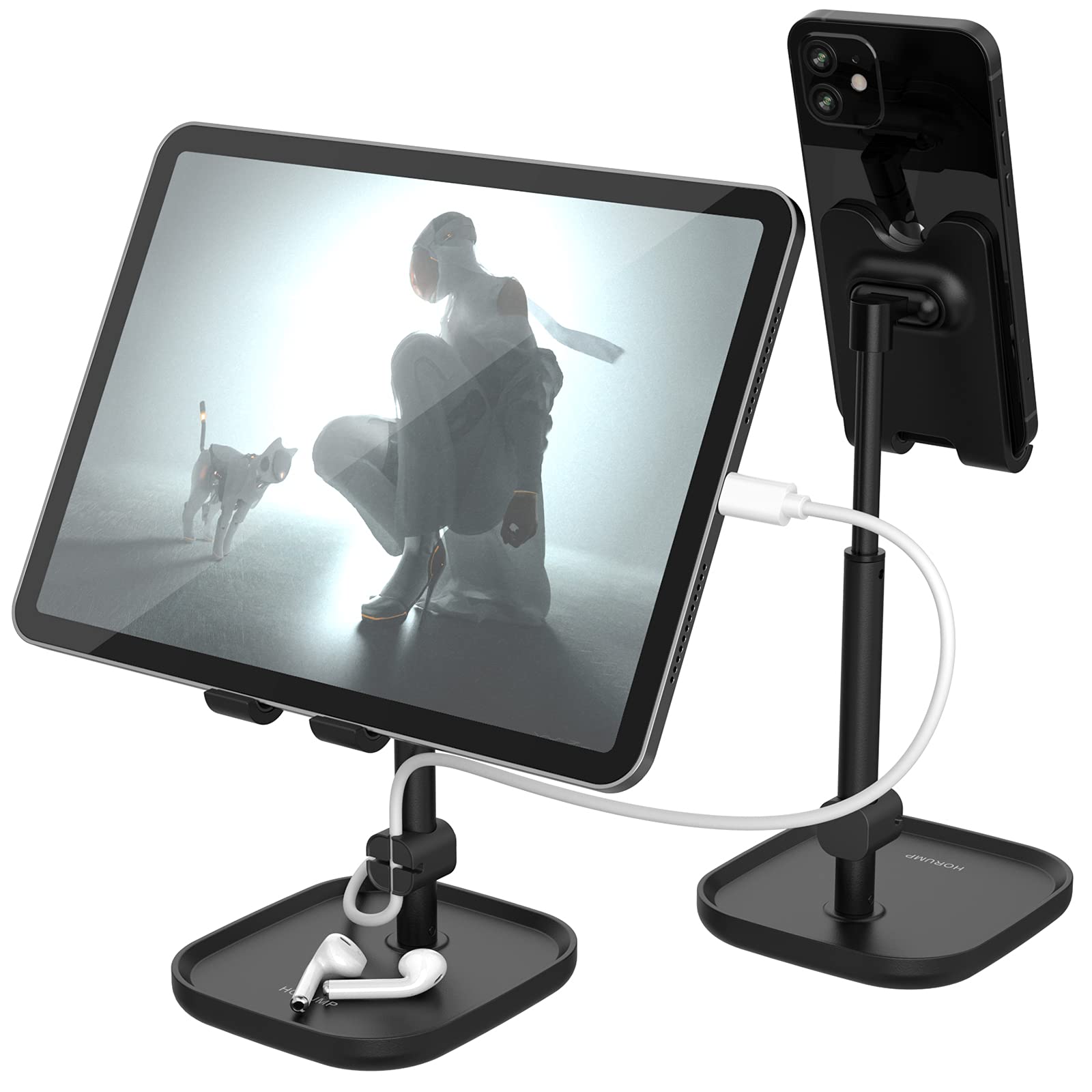 HORUMP Black Plastic Phone Stand, 2-Level Adjustable, Compatible with All Mobile Phones/Tablet