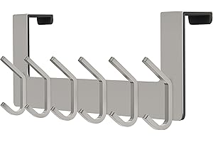 SAYONEYES Brushed Nickel Over The Door Hooks - Heavy Duty Stainless Steel Door Hanger Holder with 6 Double Hooks for Hanging Coat Robe Hat Bag Towel Rack Bathroom, Bedroom – 1 Pack