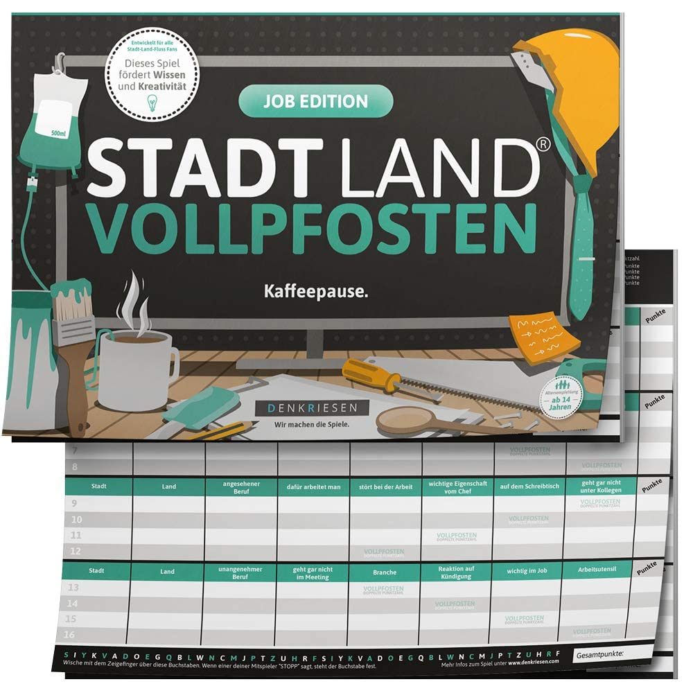 DENKRIESEN - Stadt Land VOLLPFOSTEN® - Job Edition 'Kaffeepause Kollegen' | Game Block | City Country River | Secret Santa Gift | 26 Categories | Funny Game for Friends and Family