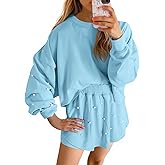 Fisoew Womens Lounge Sets 2 Piece Outfits Decor Pearl Long Sleeve Sweatshirt Skort Skirt Tracksuits Shorts Sets