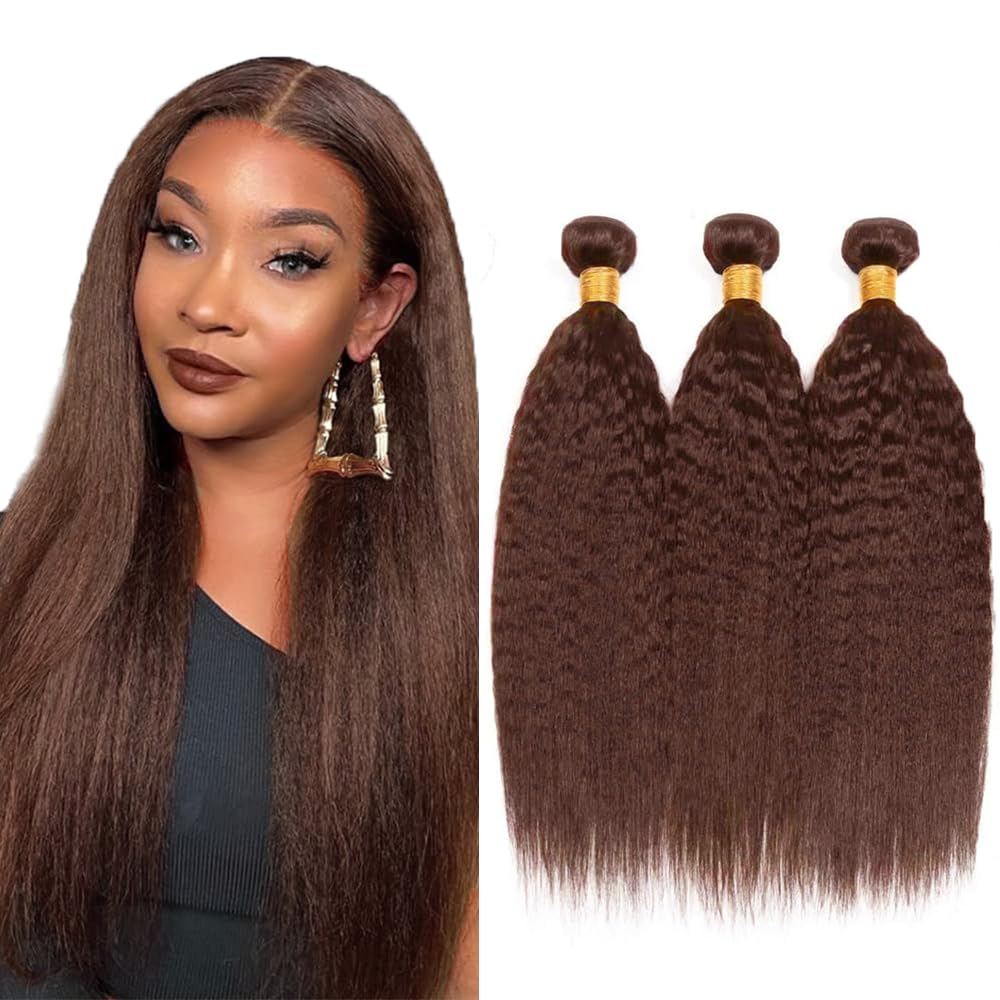 Photo 1 of #4 Human Hair Bundles Brown Kinky Straight Bundle #4 Yaki Human Hair Bundle 14 16 18 inch Dark Brown Color