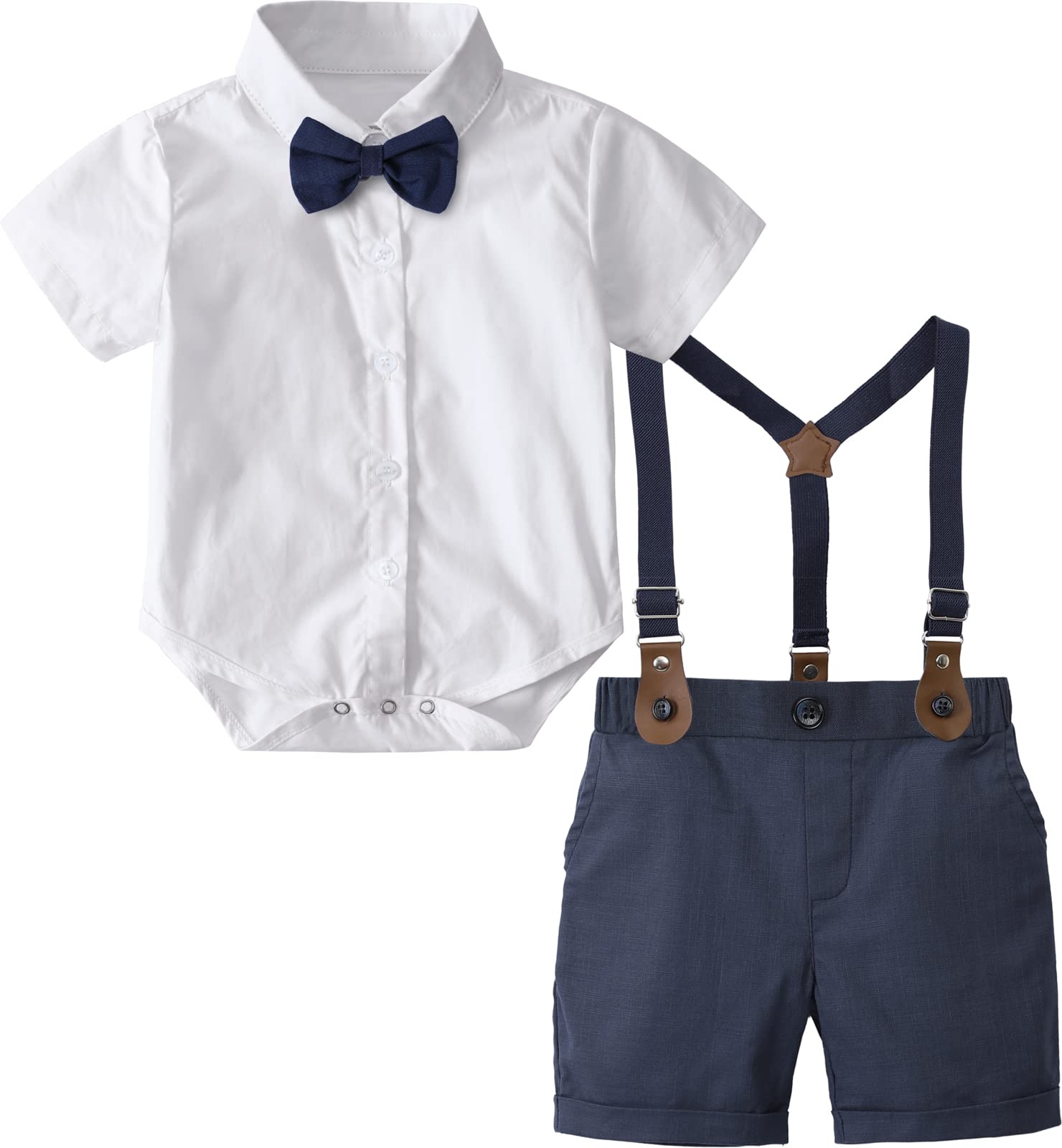 Photo 1 of A&J DESIGN Baby Boy Gentleman Outfit Toddler Short Sleeves Suspenders Formal Suits 12-18 Months White and Navy