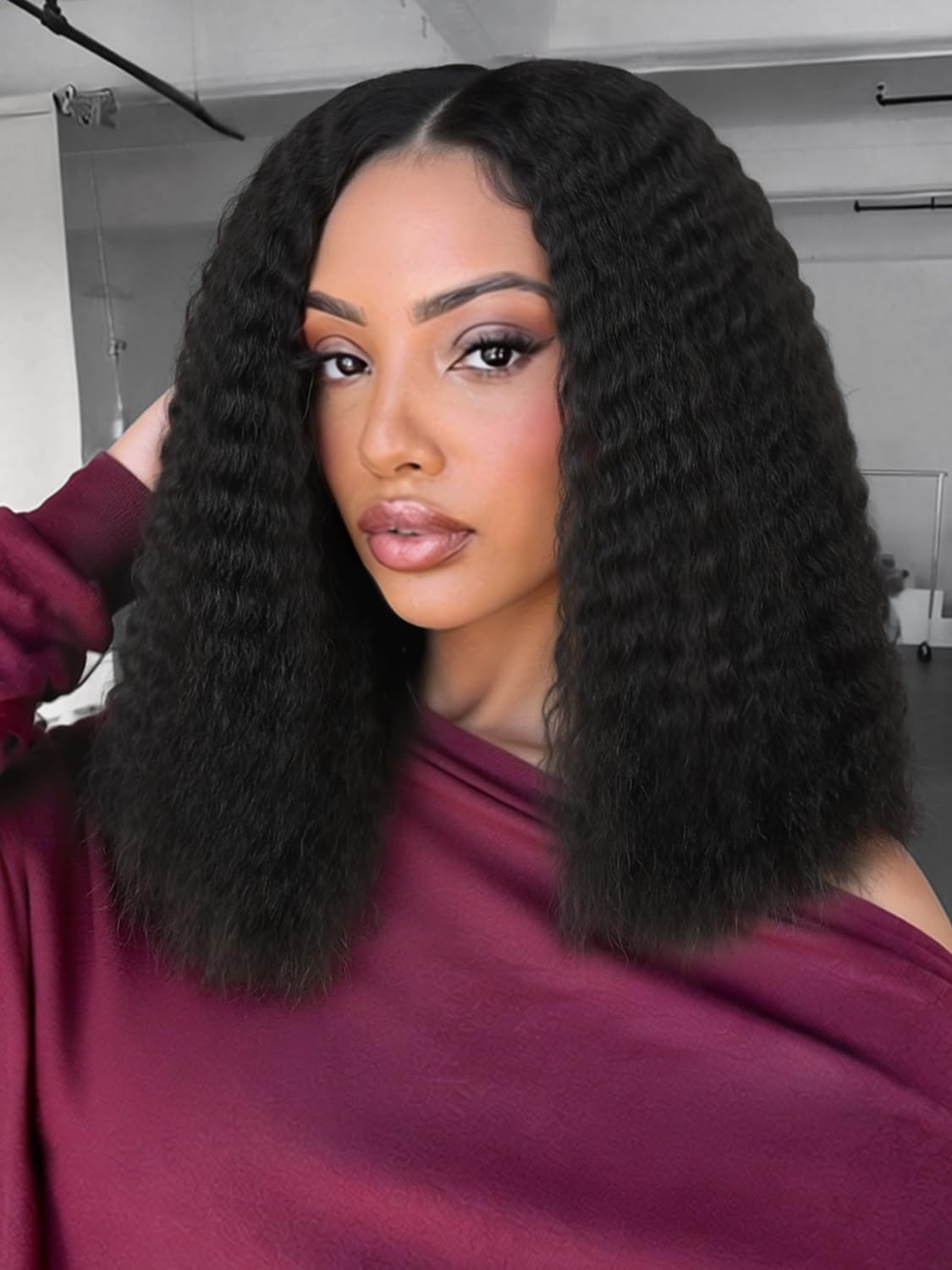 Photo 1 of 16 Inch Black V Part Half Kinky Straight Layered Wigs Density Upgrade Glueless Clip In Kinky U Part Wig for Women Daily Party Use