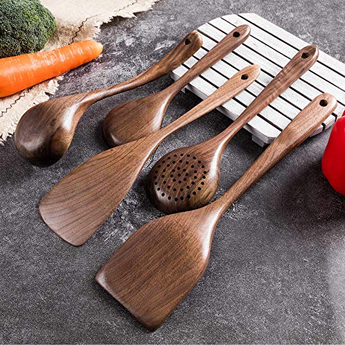 Standcn Wooden Kitchen Utensils Set for Cooking, 5 PCS Natural Black Walnut Wood Spoons Spatulas