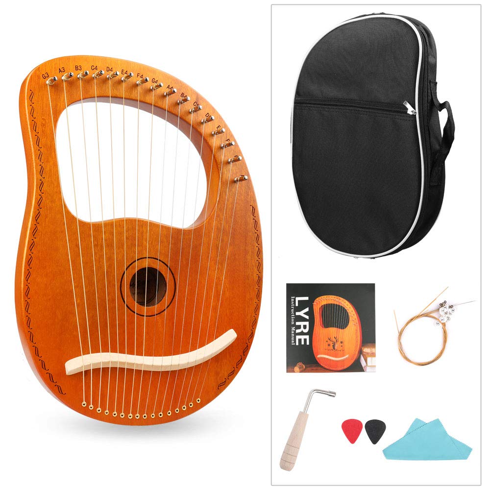 Mr.Power Metal Lyre Harp Ancient Greece Style with Tuning Wrench, Extra String Set, Cleaning Cloth, Black Carry Bag (16 String, Natural Wood)