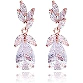 Women's Cubic Zirconia Bridal Earring - Elegant Gold Plated Teardrop Cluster Floral Leaf CZ Crystal Rhinestone Wedding Earring for Bride