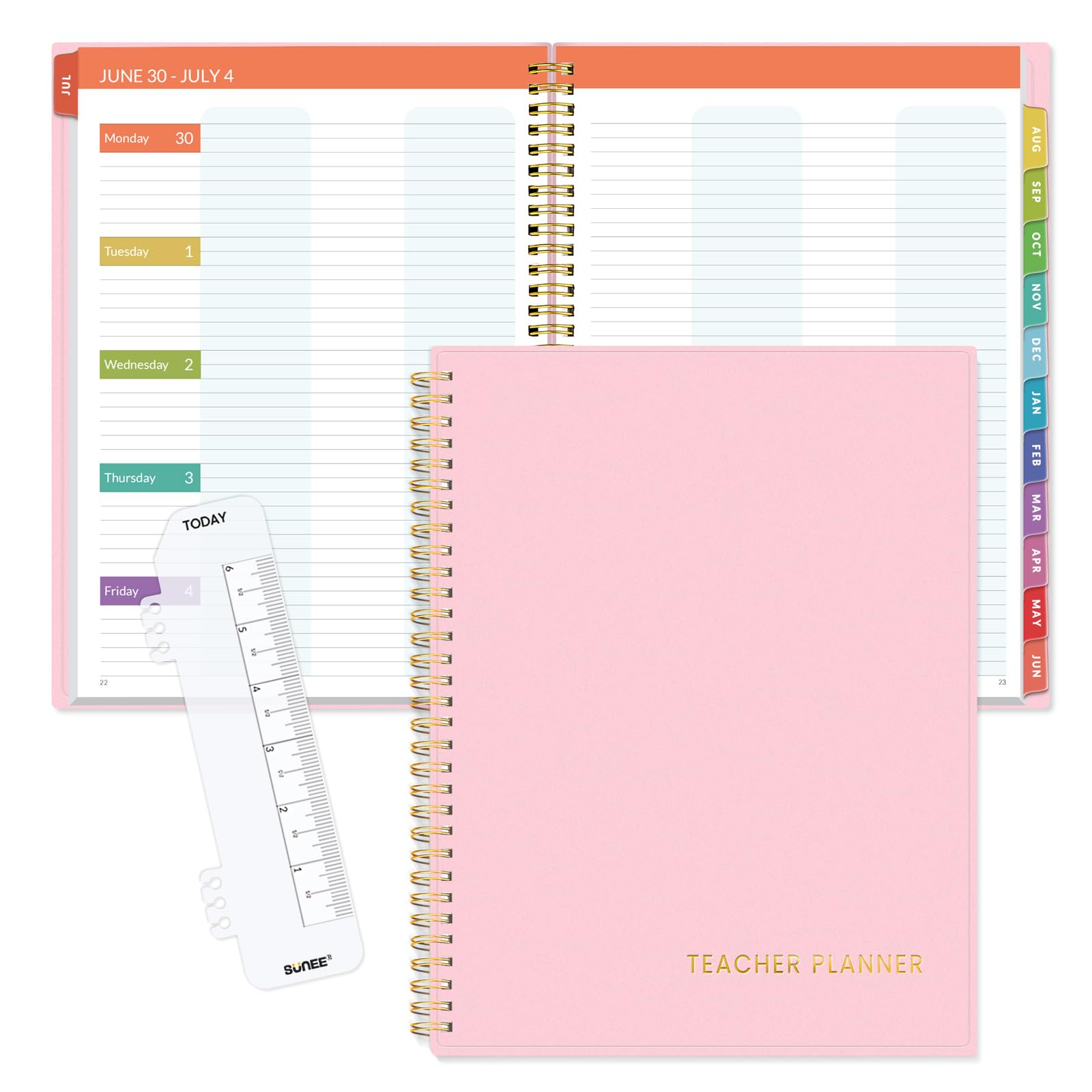 Photo 1 of SUNEE Teacher Planner 2025-2026 Academic Year, Lite Lesson Planner Book with 7 Periods Jul 2025 - Jun 2026, 8.5"x11" Daily Weekly and Monthly Organizers, Plan Book with Pocket Folder, Color Tabs, Pink
