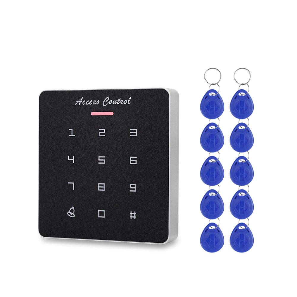 FTSTech Stand-alone Plastic RFID Access Control Keypad,Support 1000Users,Single Door Use,with 10pcs TK4100 EM Blue ID Keyfobs (A2)