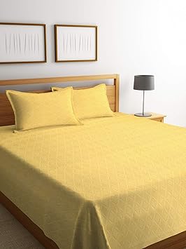 NEUDIS Jacquard Cotton Double Bed Cover with 2 Pillow Cover - Yellow