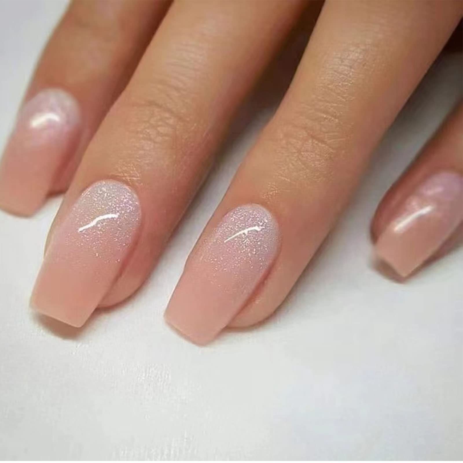 Photo 1 of DANMANR Square Press on Nails Short Fake Nails French Acrylic Full Cover False Nails for Women and Girls 24PCS (Gradient peach bling)