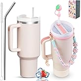 Sanilinwild 40 oz Tumbler Insulated Mug w/Straw & Flip Cap Lids - Cup Holder Bottle with 6 Accessories Set for Hot, Cold Drink - Leak-Proof - Water, Coffee Portable Travel Mug (Pink Gold)