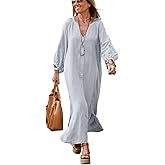 chouyatou Women Summer Long Sleeve Notch Neck Maxi Linen Shirt Dress Loose Button Down Tunic Shift Dress