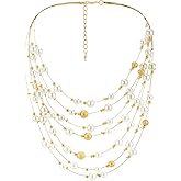 Multi-Strand Layered Pearl Necklace White Faux Pearl Satin 18K Gold-Plated Beads Waterfall Statement Jewelry