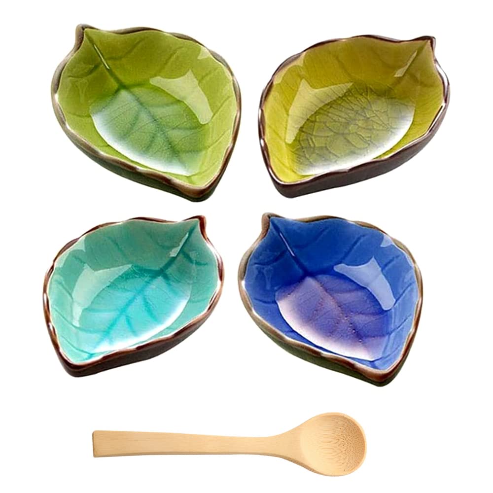 DIKEBAO 4Pcs Ceramic Sauce Dish Leaves Shape Handmade Sauce Bowls Mini Side Seasoning Dish Sushi Soy Sauce Dipping Condiment Dishes for Snack Sushi Fruit Appetizer Dessert Dinner Kitchen, 4 Colours