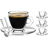 BOHEM'S Espresso Cups, 3.2 oz Small Demitasse Clear Glass Espresso Drinkware, Set Of Cups, Saucers and Stainless Steel mini Spoons + Free Glass Spoons (set of 4)