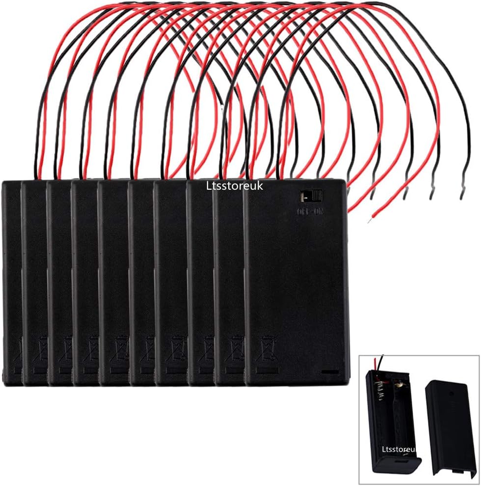 2AA Battery Case Holder 3Volt, Ltsstoreuk 2 Slots x 1.5V DIY Battery Storage Box, Black Plastic 3V Batteries Case with Wire Leads and ON/Off Switch for Soldering 2 x AA,Pack of 10
