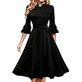 CAMDOM Church Clergy Dress for Women 3/4 Flared Sleeve Elegant Midi Dress with Tab Collar and Belt