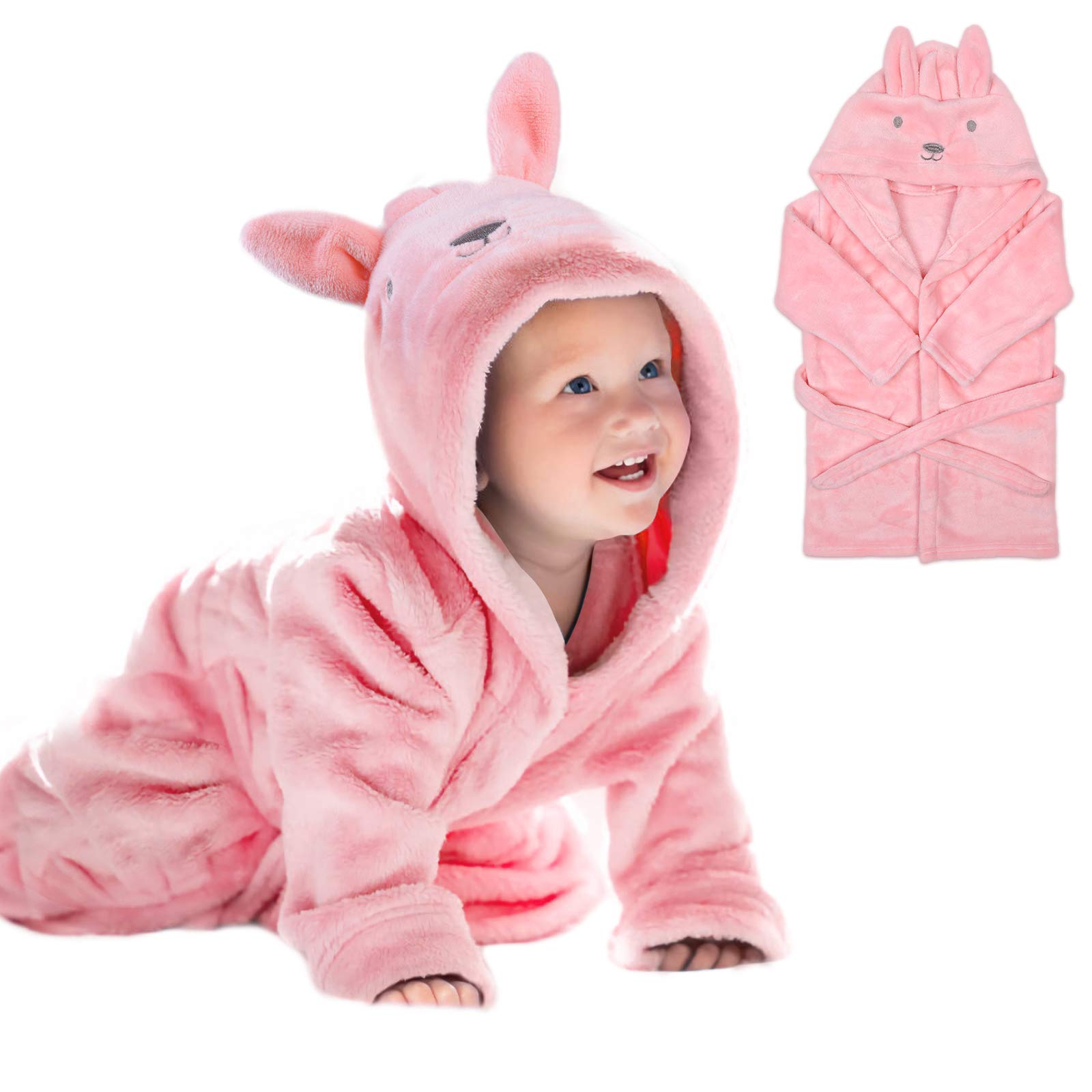 URAQT Baby Bathrobe for Girls, 3D Pink Rabbit Dressing Gown, Super Soft Flannel Hooded Bath Towel, Animal Bath Robe Sleepwear for Kid