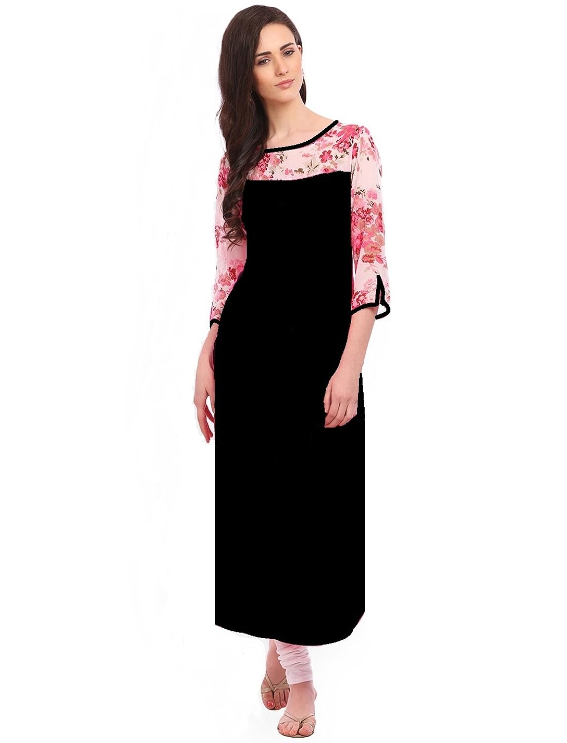 desi knots women's black floral 3/4th sleeve kurti (idw-00030-p)