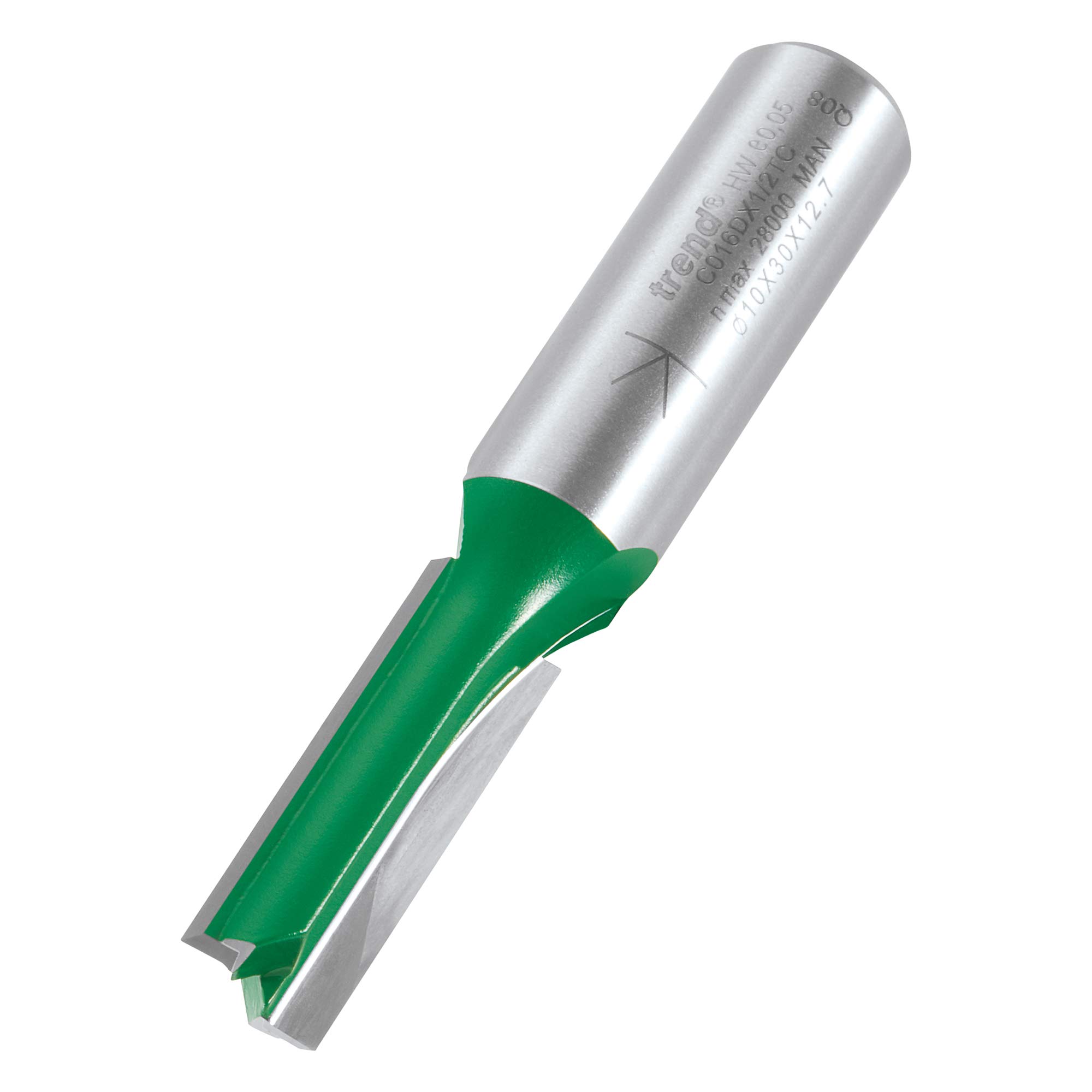 Trend CraftPro Straight Two Flute Router Cutter, 1/2 Inch Shank, 10mm Cut Diameter & 30mm Cut Length, Tungsten Carbide Tipped, C016DX1/2TC