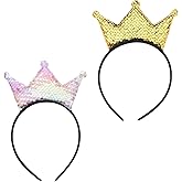 2 Pcs Sequin Crown Headband, Glitter Birthday Crown Princess Crowns Gold Headband Tiara Headbands Princess Party Favors Birthday Headbands Hair Hoop Hairbands for Adult Woman Girl Party (Pink, Yellow)