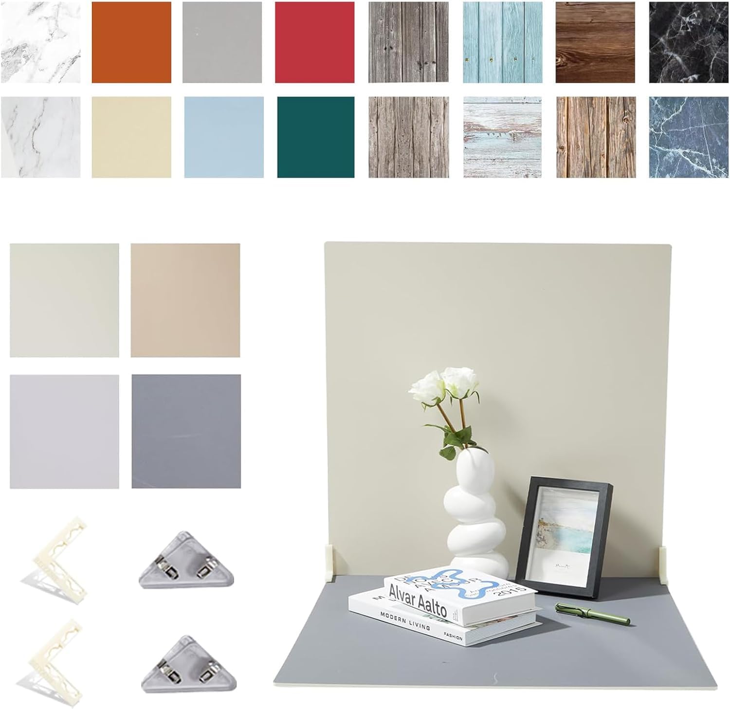 Photo 1 of EOAJAFOU Double Side 8PCS Photography Backdrop Papers and 2PCS 24x24in Photo Backdrop Boards, 2 Brackets and 2 Clips, Multiple Background Scenes for Food Makeup Jewlery INS Product Photo Shooting