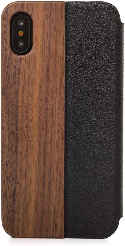 Woodcessories - Case Compatible with iPhone X/Xs of Real Wood, EcoFlip Case (Walnut/Black)