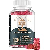 Biotic's Gain Biotin Gummies, 10000 mcg, Hair Skin and Nail Support, with Vitamins A C D E B6 B12 and Zinc, Vegan, Sugar Free, 120 Count