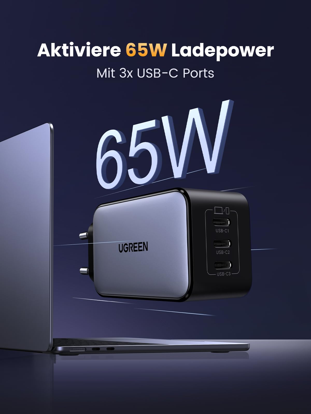 UGREEN Nexode USB C Ladegerät 65W GaN Netzteil mit 3X USB-C-Port Schnellladegerät Kompakt Charger kompatibel mit MacBook Pro/Air, HP Laptop, iPad, iPhone 17, Galaxy S24 2